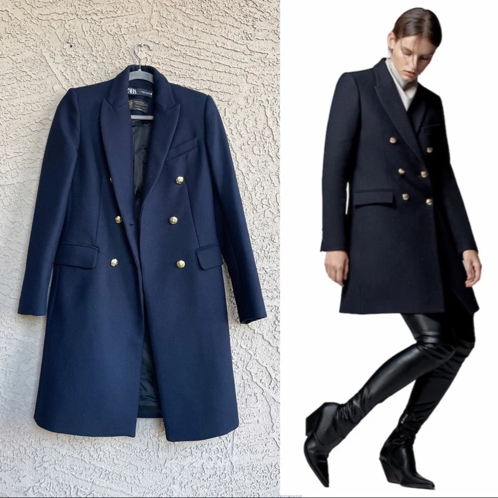 SOLD ZARA NEW MANTECO Italian Wool Navy Double Breasted Classic Preppy Wool Coat - Picture 10 of 16